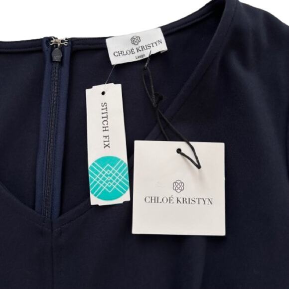 Chloe Kristyn Maggie Navy Ponte Knit V-Neck Long Sleeve Sheath Dress Large NEW - Picture 10 of 12